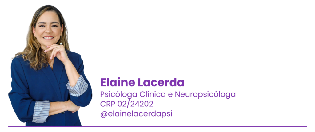 Fotografia da psicóloga Elaine Lacerda, sorridente, vestida com um blazer azul, ao lado de seu nome e título profissional, destacando sua especialização em psicologia clínica e neuropsicologia, com seu CRP e usuário do Instagram.