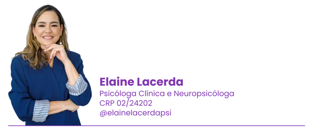 Fotografia da psicóloga Elaine Lacerda, sorridente, vestida com um blazer azul, ao lado de seu nome e título profissional, destacando sua especialização em psicologia clínica e neuropsicologia, com seu CRP e usuário do Instagram.