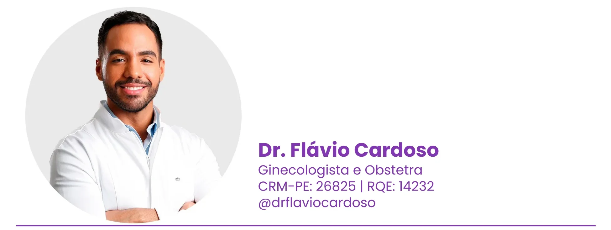 Retrato profissional do Dr. Flávio Cardoso, Ginecologista e Obstetra com detalhes de contato.