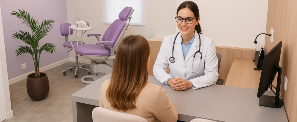 Médica atendendo paciente em consultório moderno e bem equipado na Tryad, coworking médico em Recife.