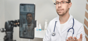 Médico profissional gravando conteúdo para redes sociais em um consultório moderno da Tryad, usando um smartphone em um tripé.