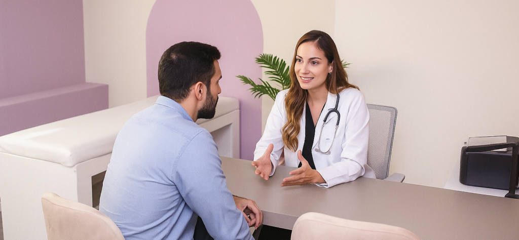 Médico conversa com paciente em consultório da Tyad Consultórios, representando a importância de traduzir termos médicos com clareza e empatia.
