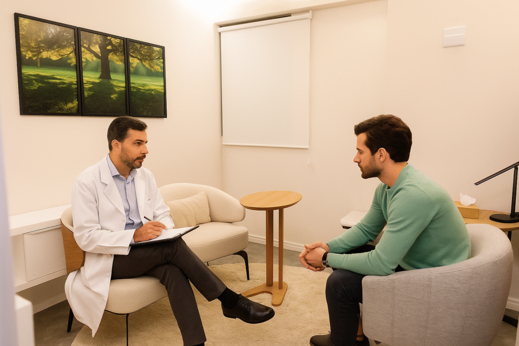 Médico conversa com paciente em consultório da Tyad Consultórios, representando a importância de traduzir termos médicos de forma clara e empática.