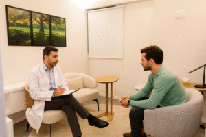 Médico conversa com paciente em consultório da Tyad Consultórios, representando a importância de traduzir termos médicos de forma clara e empática.