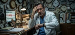 Médico exausto em meio a vários relógios, representando a sobrecarga e a falta de tempo na rotina de profissionais de saúde.