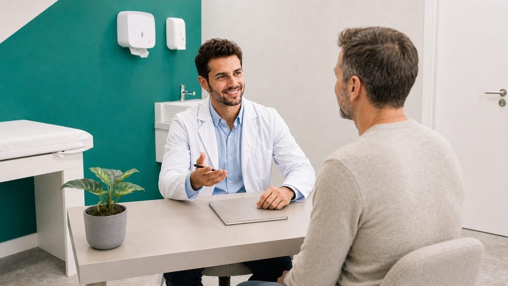 Médico recém-formado atende um paciente em um consultório da TRYAD, com estrutura profissional, confortável e pronta para atendimento.