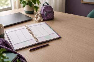 Agenda semanal com turnos de atendimento organizados sobre uma mesa de trabalho