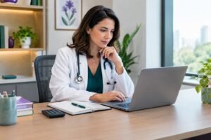 Médica planejando os custos e horários de sua agenda de consultas particulares.