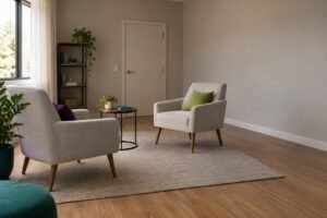 Sala de atendimento psicológico sem pessoas, com duas poltronas e luz natural.